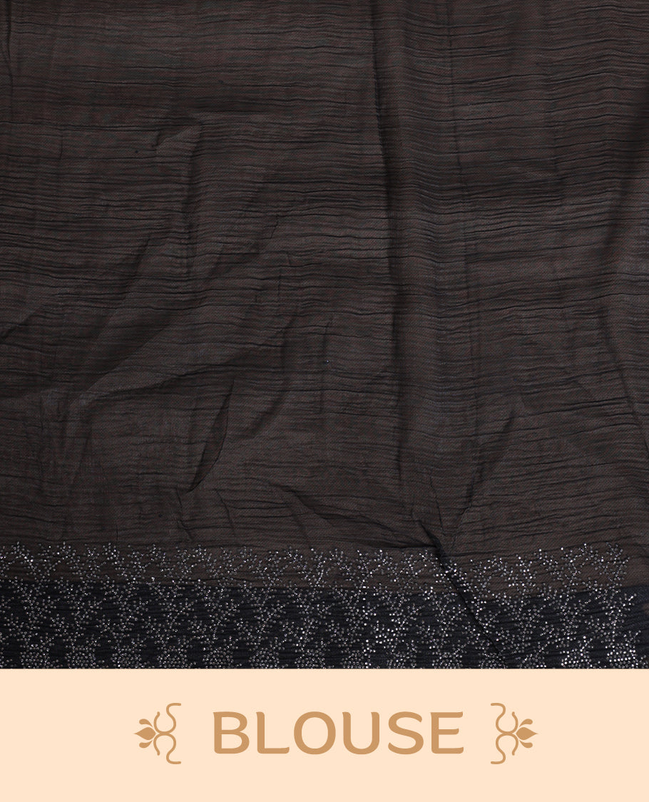 Black colour chiffon designer saree, featuring white stone all over on body, heavy stone patttern on border and pallu, Paired with matching blouse.