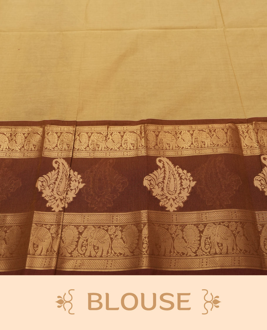 Gold Colour Silk Cotton Saree with Striped Body, Accented by Brown and Gold Zari Border with Elephant and Paisley Motifs on Pallu, Paired with Matching Blouse Piece