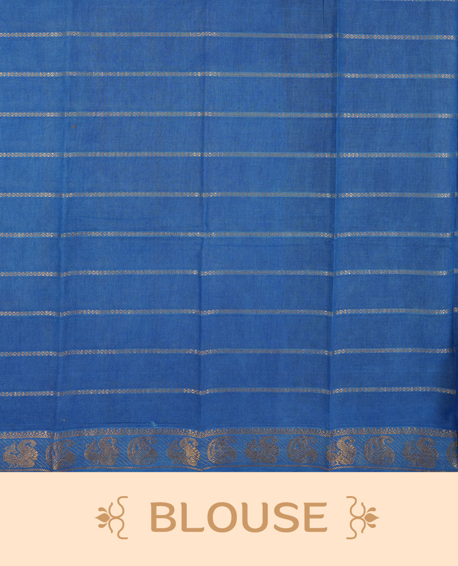 Navy blue colour Chettinad cotton saree featuring golden stripes on the body, The saree is enhanced with a contrasting blue border adorned with intricate golden paisley motifs & Comes with a matching blouse piece.