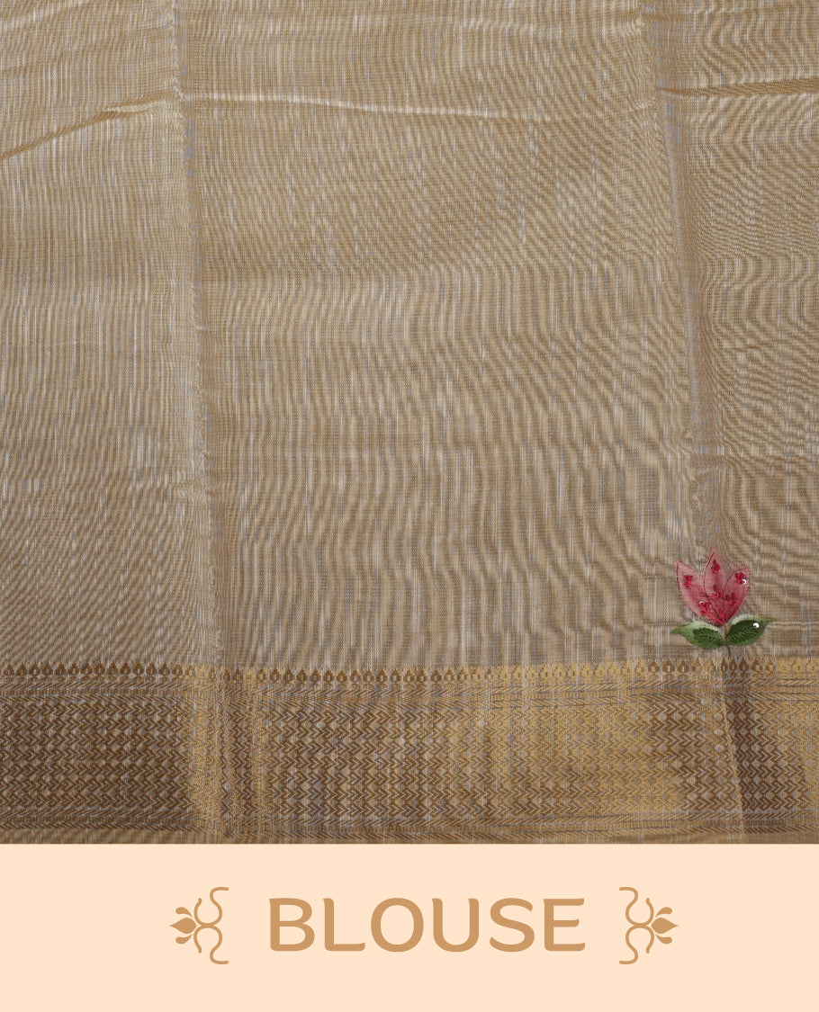 Beige colour Banarasi linen silk saree featuring hand brushed colour with Floral & birds printed pattern on body, gold zari woven geometric design border with self colour pallu and comes with a matching blouse