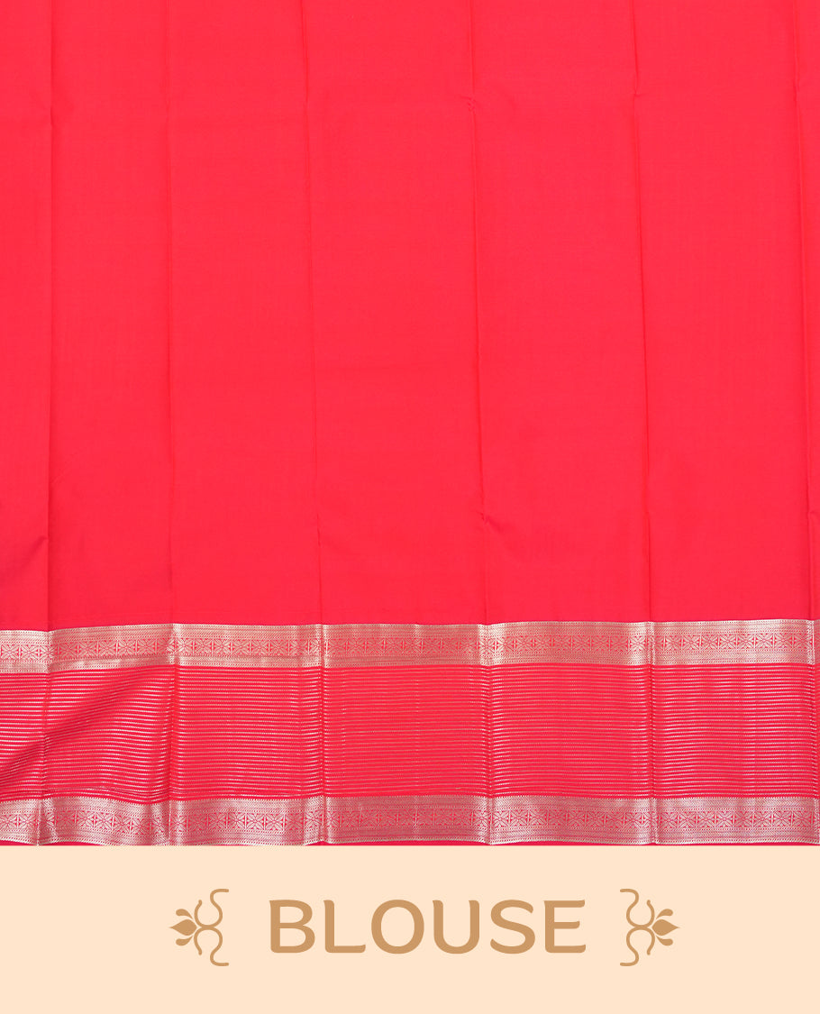 Eggplant Purple Colour Semi Silk Saree with Silver Horizontal Striped Body, Contrasting Coral Pink Silver Zari Pallu & Border, Diamond Lattice Motifs, and Matching Blouse Piece