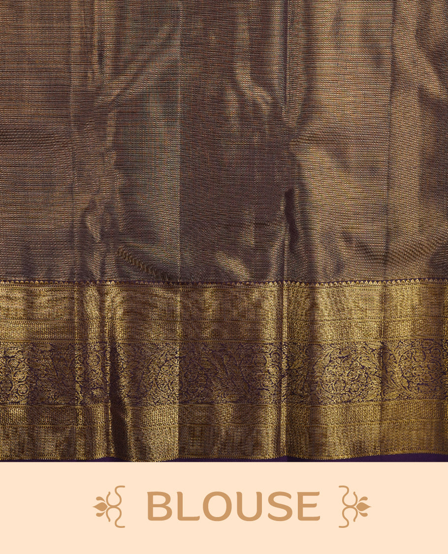 Purple & gold double shade colour kancheepuram tissue silk saree highlighting kodi gold zari pattern body, with contrast Purple colour colour with traditional border and paired with matching blouse.