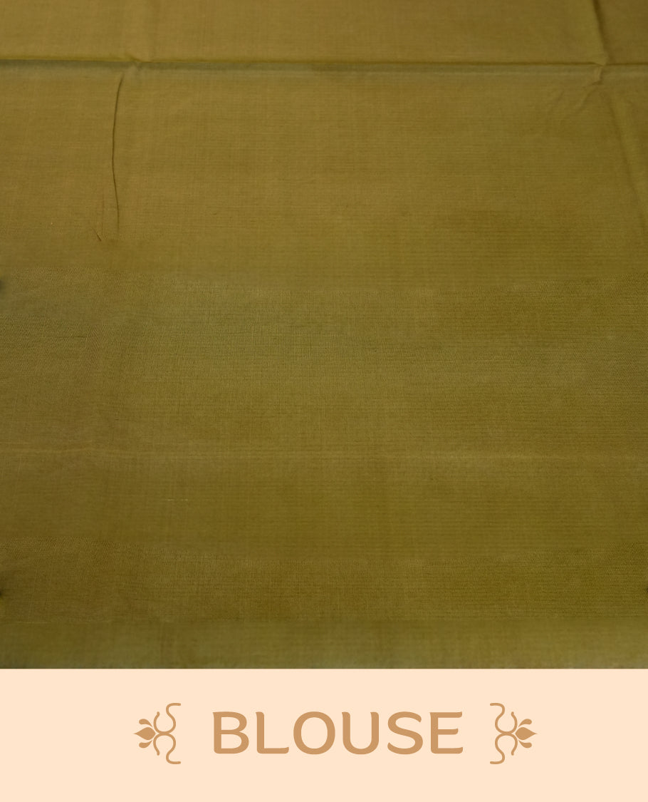 Olive green colour pure handloom cotton saree featuring fine golden stripes with delicate motifs, paired with a rich zari border for a traditional yet elegant look, perfect for graceful occasions & Comes with matching blouse.