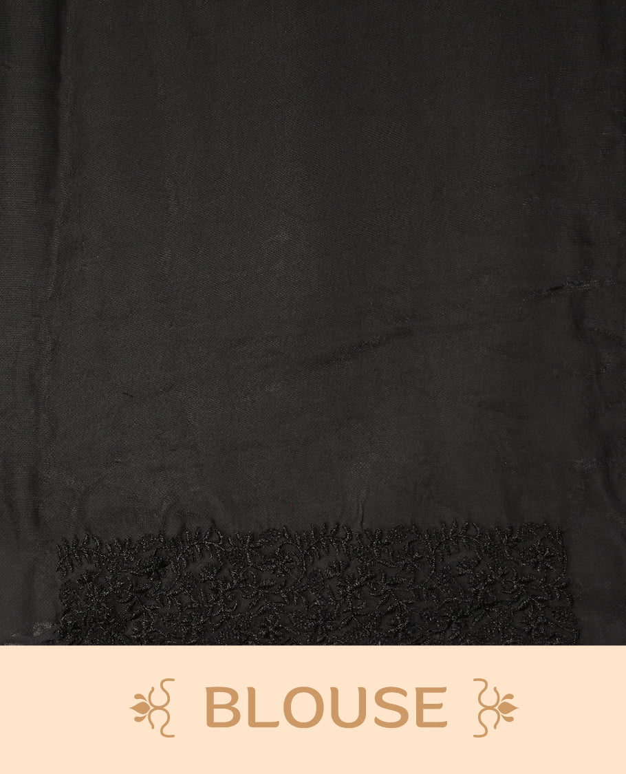 Black colour organza saree featuring self colour thread embroidery work on body and border, paired with matching blouse piece.