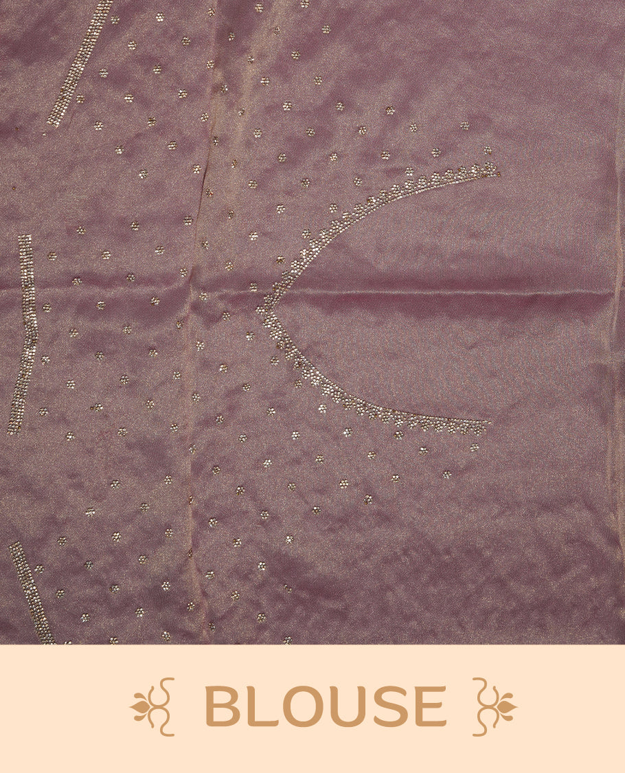 Pink Colour Shimmer Designer Saree featuring Delicate White Stone Scattered Work on the Body, enhanced with Intricate Stone Detailing on the Border and Pallu, paired with a Matching Blouse.