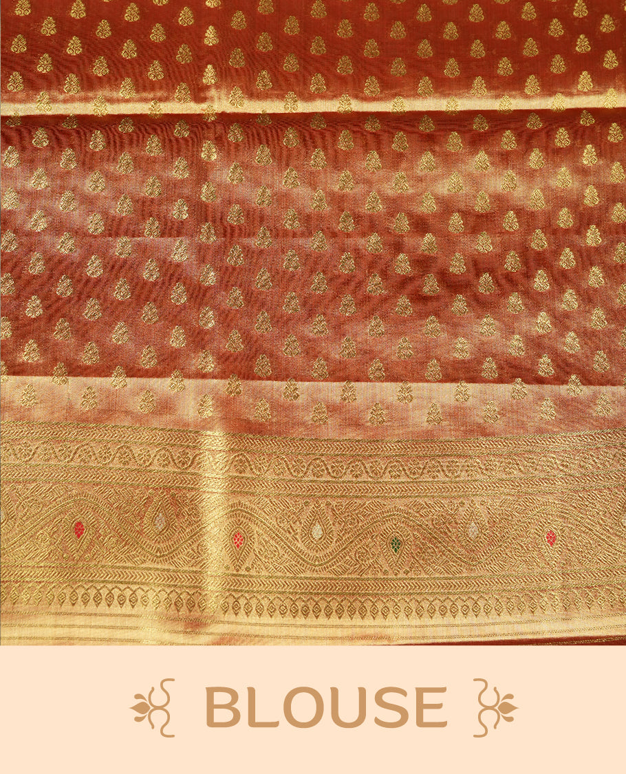 Orange & Gold double shade colour tissue banaras silk saree featuring antique gold zari motifs on the body with rich traditional zari border and pallu, paired with a matching blouse piece.