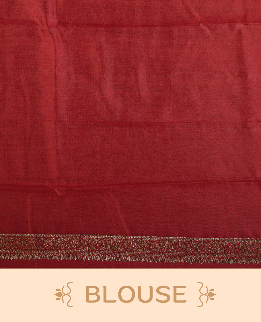 Blue colour Pure tussar Banarasi saree featuring Gold zari motifs on body, by contrast deep red colour gold zari border border, and a matching blouse piece.