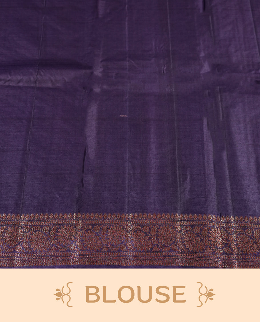 Brown pure banarasi tussar saree featuring fine silver zari motifs across the body, accentuated with an elegant contrast purple Banarasi border & Paired with a matching blouse piece.