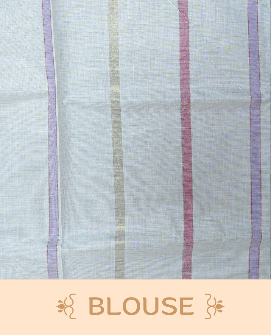 Cream Colour Cotton Kerala Saree Featuring Pastel Red & Lavender Strips On The Body & Pallu, Paired With A Matching Blouse Piece.