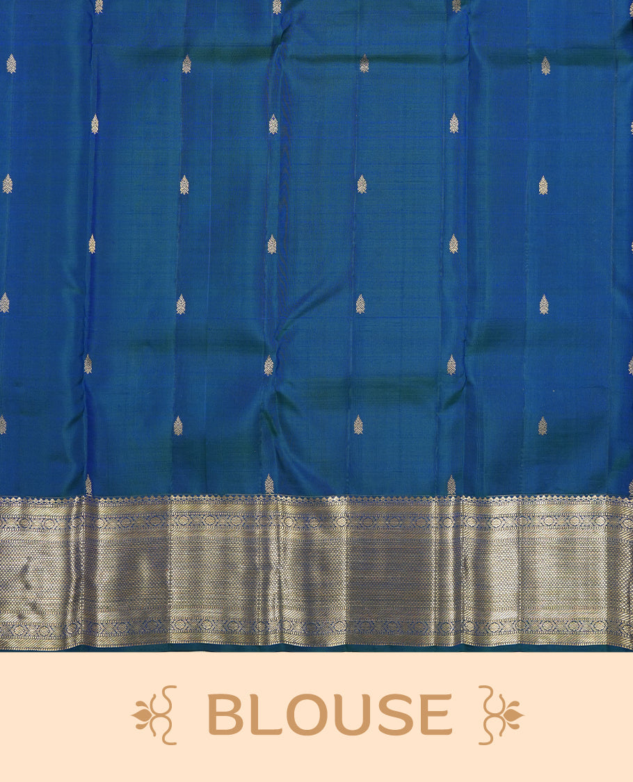 Peacock colour Kanchipuram Samudrika Silk Saree featuring Leaf & square pattern weaving with Light gold zari jacquard and a traditional Zari border, paired with a matching designer jacquard blouse piece