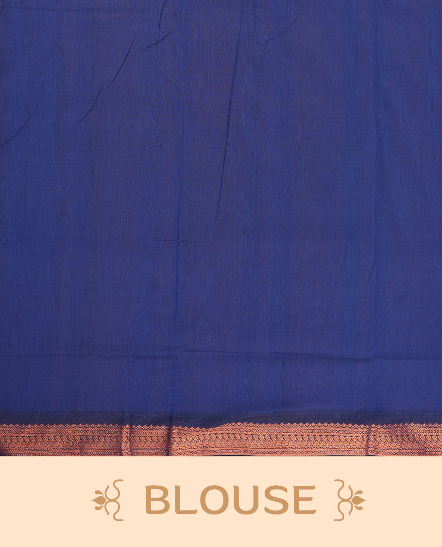 Grey colour Kalyani Cotton saree with delicate woven zari royal blue motifs all over, paired with a contrasting royal blue border and pallu intricately woven with rich copper zari & Comes with a matching blouse piece.
