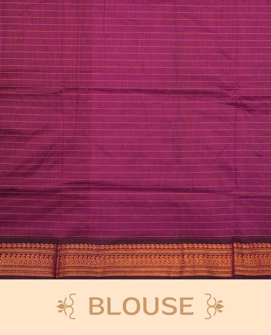 Khaki coloured mixed Kalyani cotton saree featuring copper zari checks on the body, complemented by a rich grape coloured border and pallu adorned with copper zari patterns, Paired with a matching blouse.