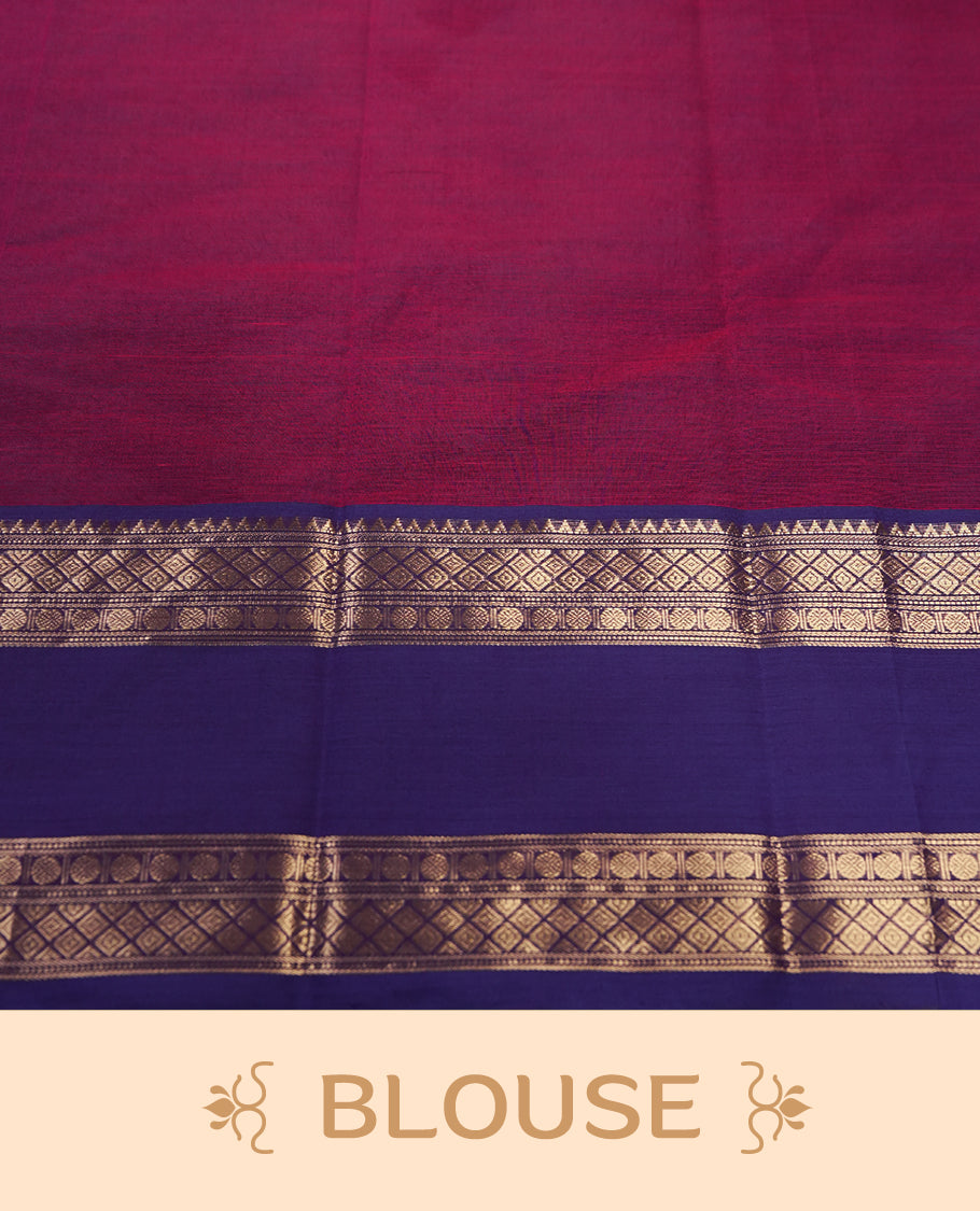 Magenta colour pure Kanchi cotton saree featuring with delicate golden checks on body, paired with a contrasting violet zari woven border & Includes a matching blouse piece for a complete look.