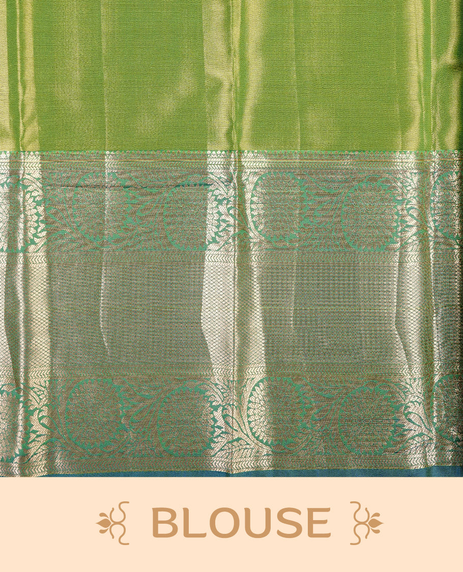Green & Gold colour Double shade Semi tissue silk saree featuring self color Floral pattern on body, Contrast Light Green colour with Fancy border, paired with matching.