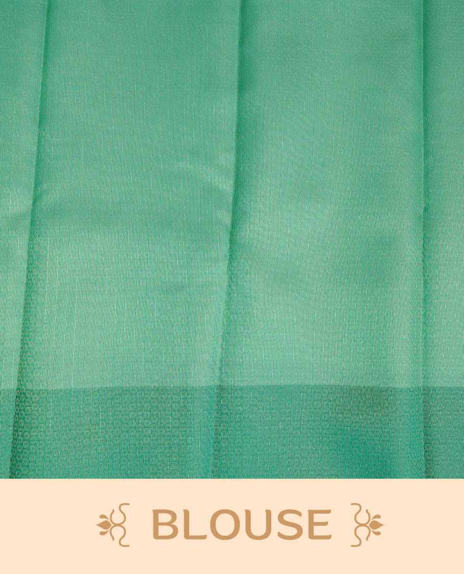 Cream Colour Semi Soft Silk Saree Featuring Gold zari Box With motifs Pattern On Body, Highlighted by contrast Green border with Gold zari, paired with matching blouse piece.