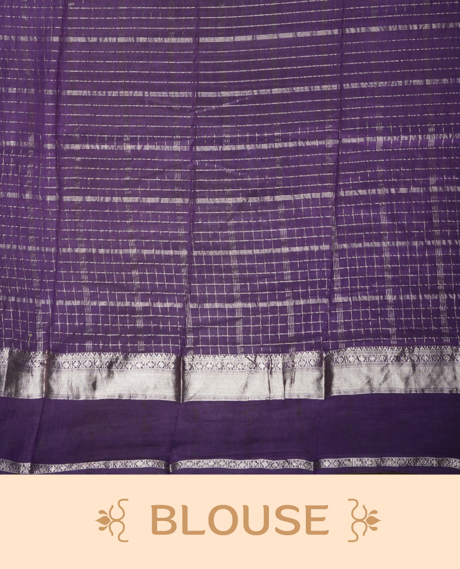 Mustard yellow colour mixed chanderi cotton saree with checkered body, deep purple pallu with rose gold zari border, and matching purple blouse.