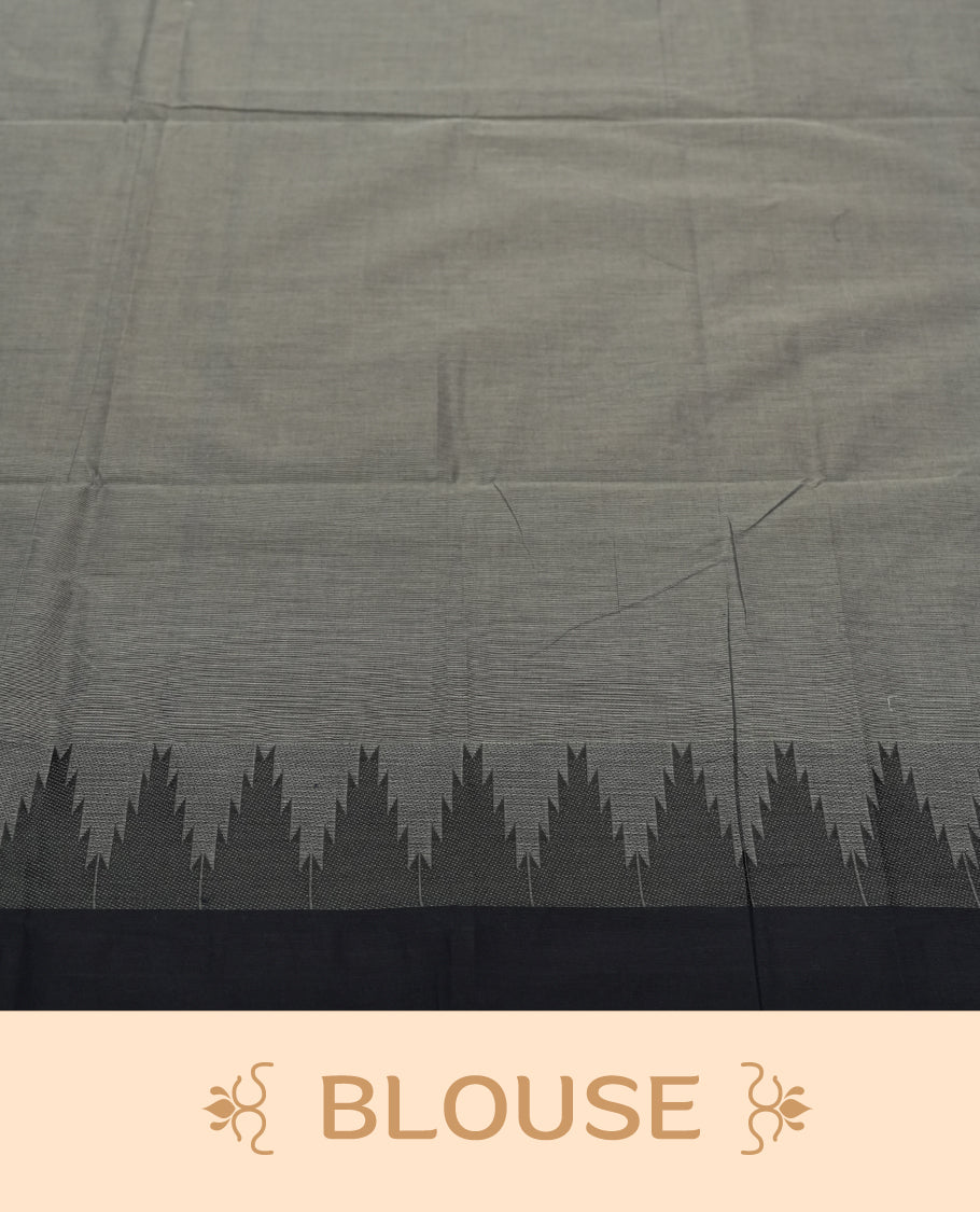 Grey Silk Cotton Saree with Black Floral Buttas Body, Accented by Zari Striped Border on Black and Grey Pallu, Paired with Matching Blouse Piece