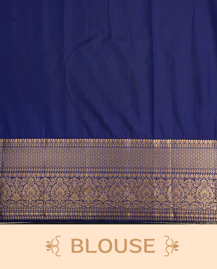 Aqua colour semi wedding saree featuring gold zari pattern on body, complemented by contrast Blue with traditional border, paired with matching blouse piece.