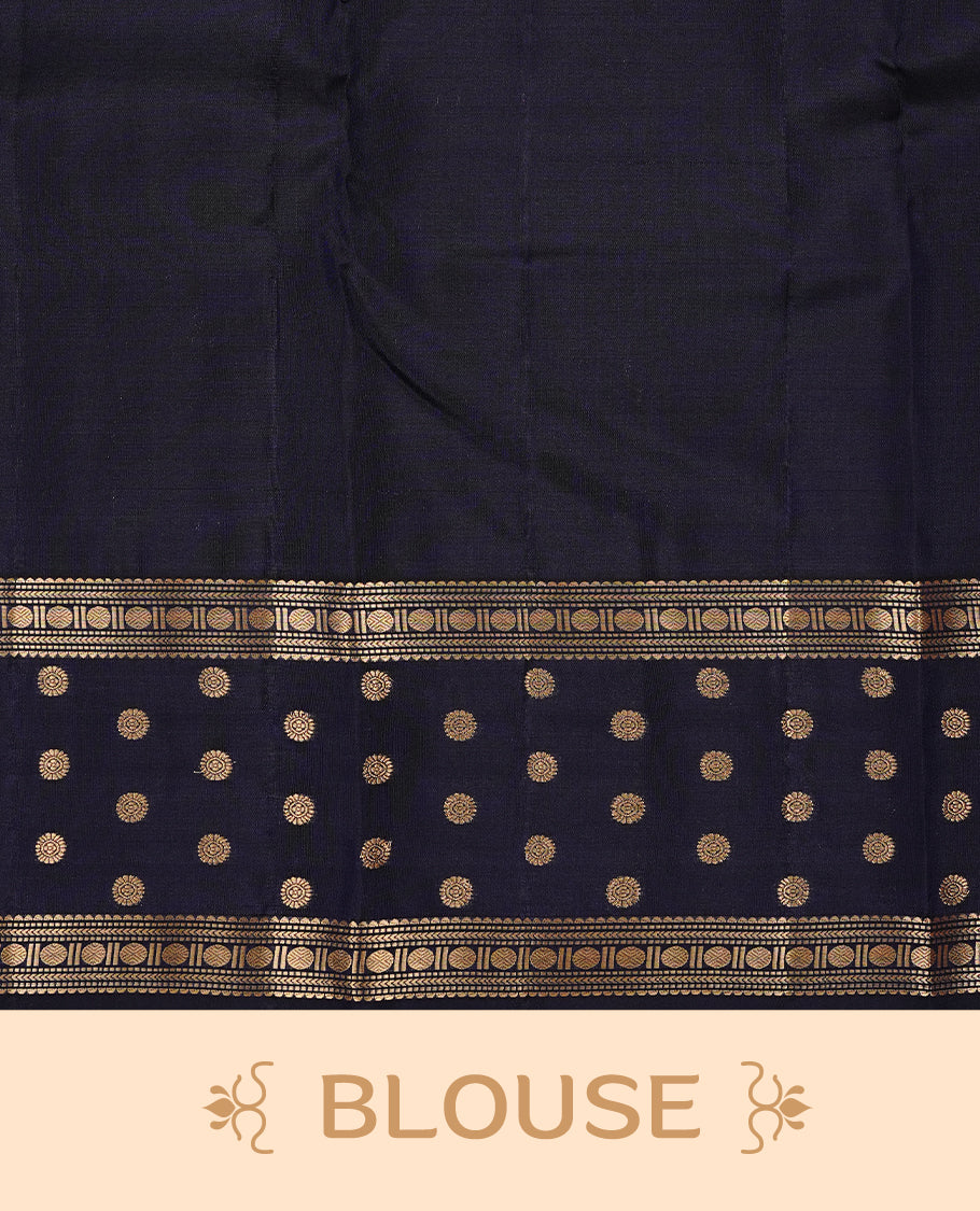 Burgundy colour Traditional Kancheepuram silk saree featuring gold zari motifs on body, enhanced with contrast Dark Blue with traditional border, paired with matching blouse piece.