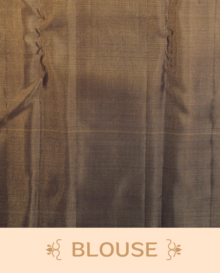 Purple & gold double shade colour kancheepuram tissue silk saree highlighting gold stripped zari pattern body, with self colour colour with traditional border and paired with matching blouse.