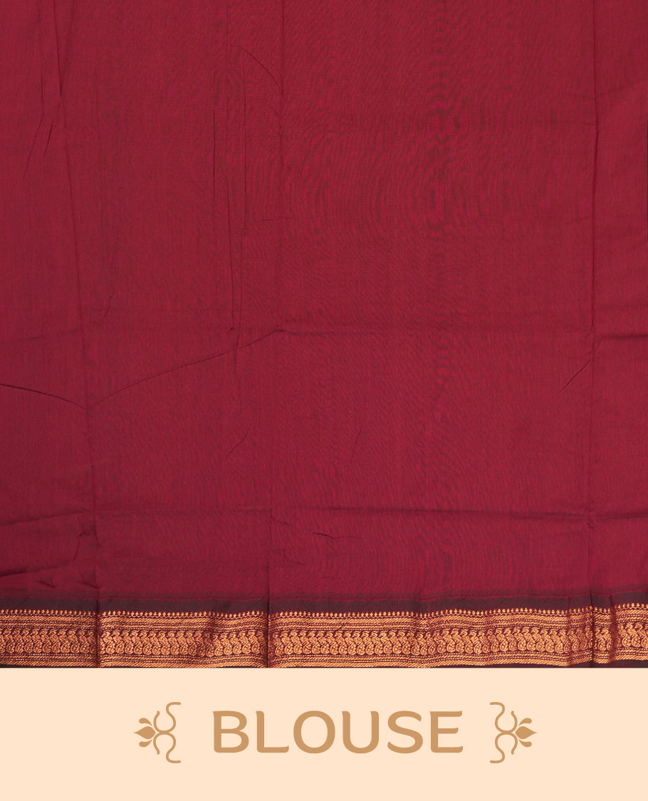 Black colour Kalyani Cotton saree in deep maroon with golden motifs, paired with a contrasting maroon border featuring intricate zari work & Comes with a matching blouse piece,