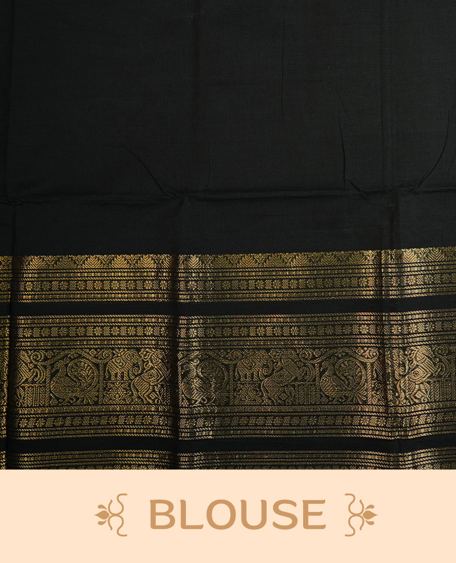Black colour chettinad cotton saree featuring Plain body, complemented by Grand Gold Zari border, paired with matching blouse piece.