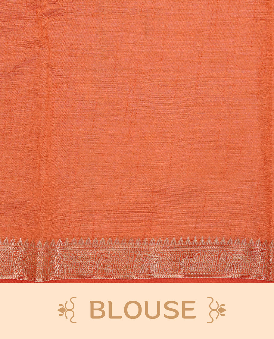 Cream colour Tussar silk saree Featuring Elegant Plain body, complemented by Contrast Orange colour with gold zari border, paired with matching blouse piece.
