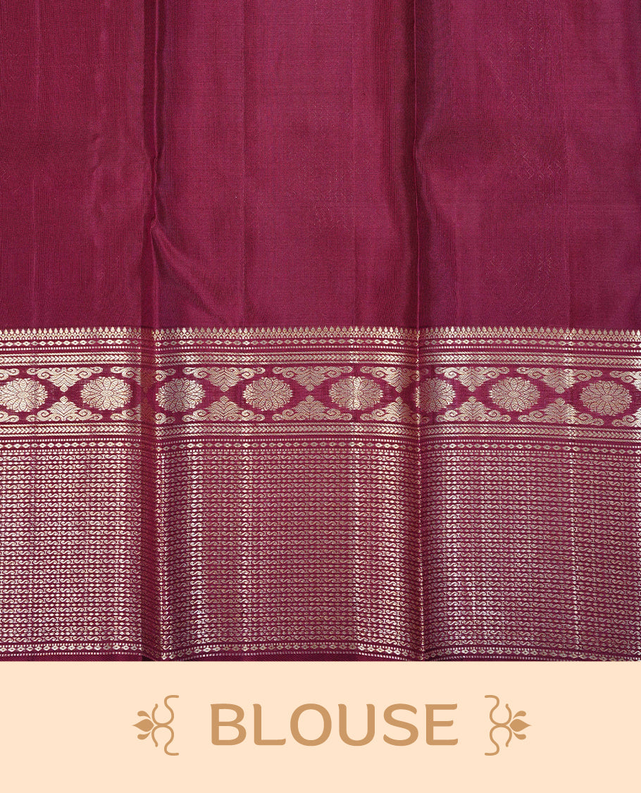 Wine Colour Pure Kancheepuram Silk Saree Featuring Gold Zari Motifs on the Body, Highlighting a Traditional Gold Zari Border, Paired with a Matching Blouse Piece.