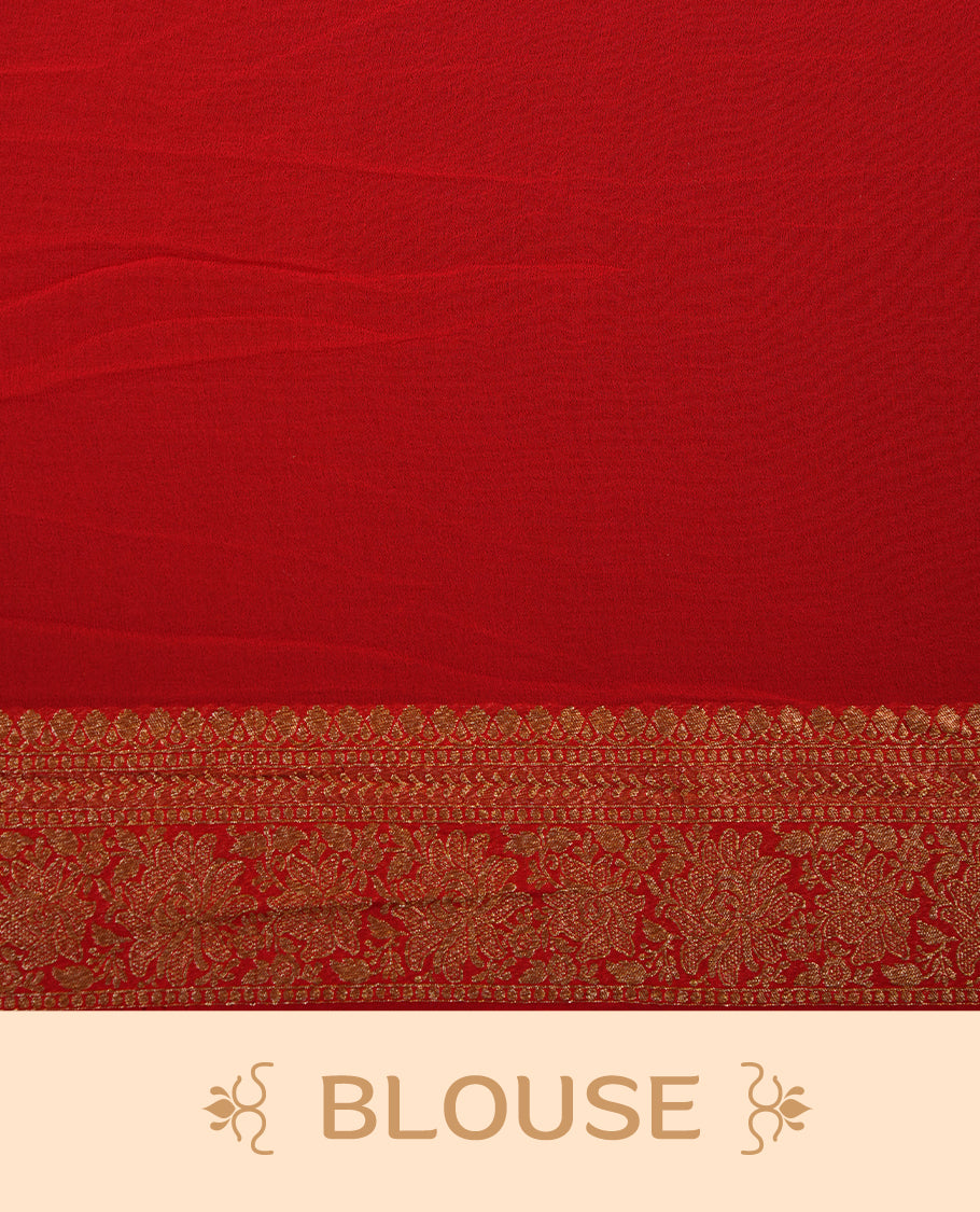 Dark Blue colour pure Banarasi Crepe saree featuring Antique zari Flower Motifs all over the body, complemented by an contrast Red dye colour with gold zari Floral Kodi Worked border and pallu, with matching blouse.