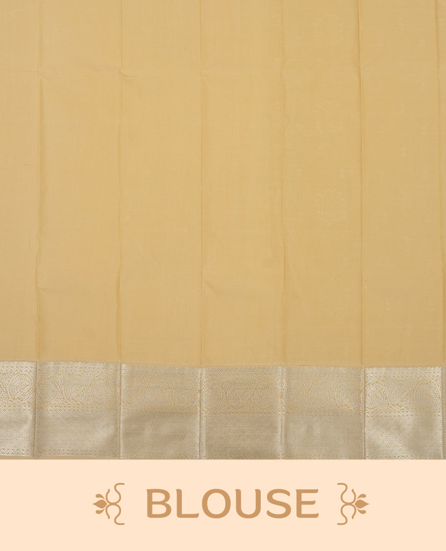 Light olive yellow colour Semi Silk Saree featuring silver zari floral motifs on the body, complemented by a muted brown traditional pallu and border, and paired with a matching blouse piece.