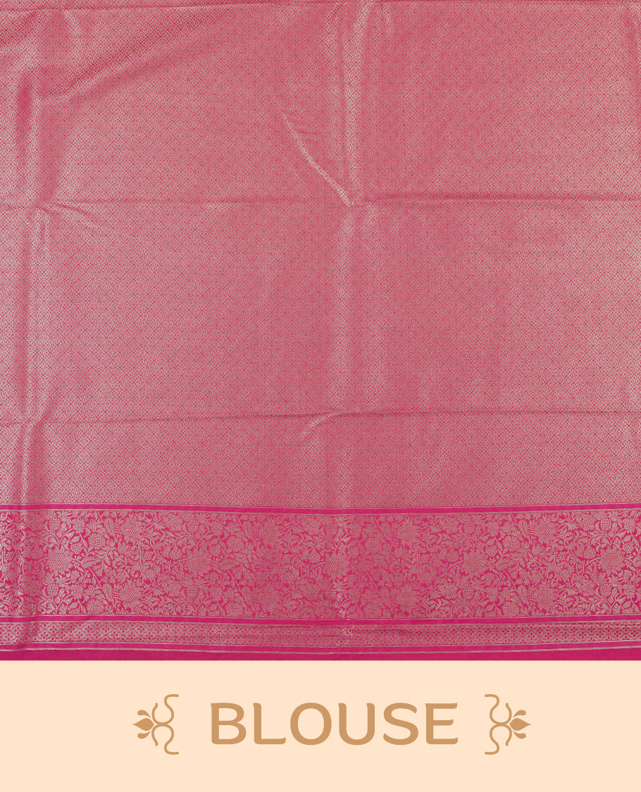 Rani pink colour semi silk brocade saree featuring intricate Gold Floral kodi patterns across the body, complemented by a rich self colour woven border and pallu, paired with a matching blouse.