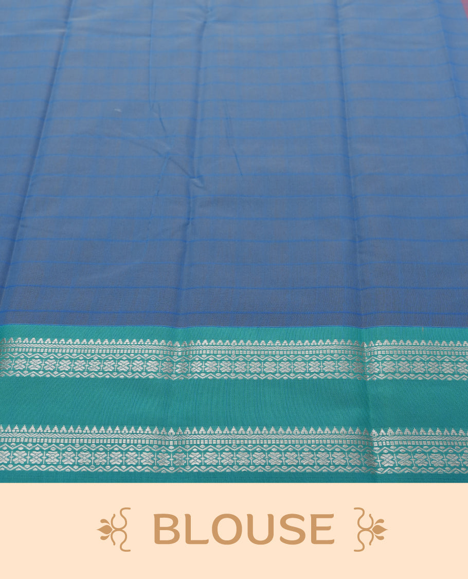 Mauve Silk Cotton Saree with Silver Butta Body, Accented by Teal and Silver Zari Geometric Border on Teal and Silver Striped Pallu, Paired with Matching Blouse Piece