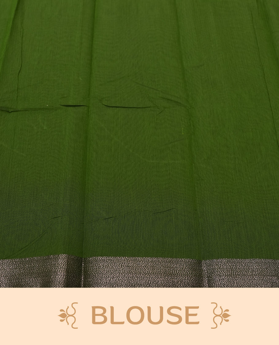 Dark Green Colour Silk Cotton Saree with Dark Silver Floral Butta Body, Contrasting Dark Silver Zari Pallu & Border, Floral Vine Motifs, and Matching Plain Woven Blouse Piece