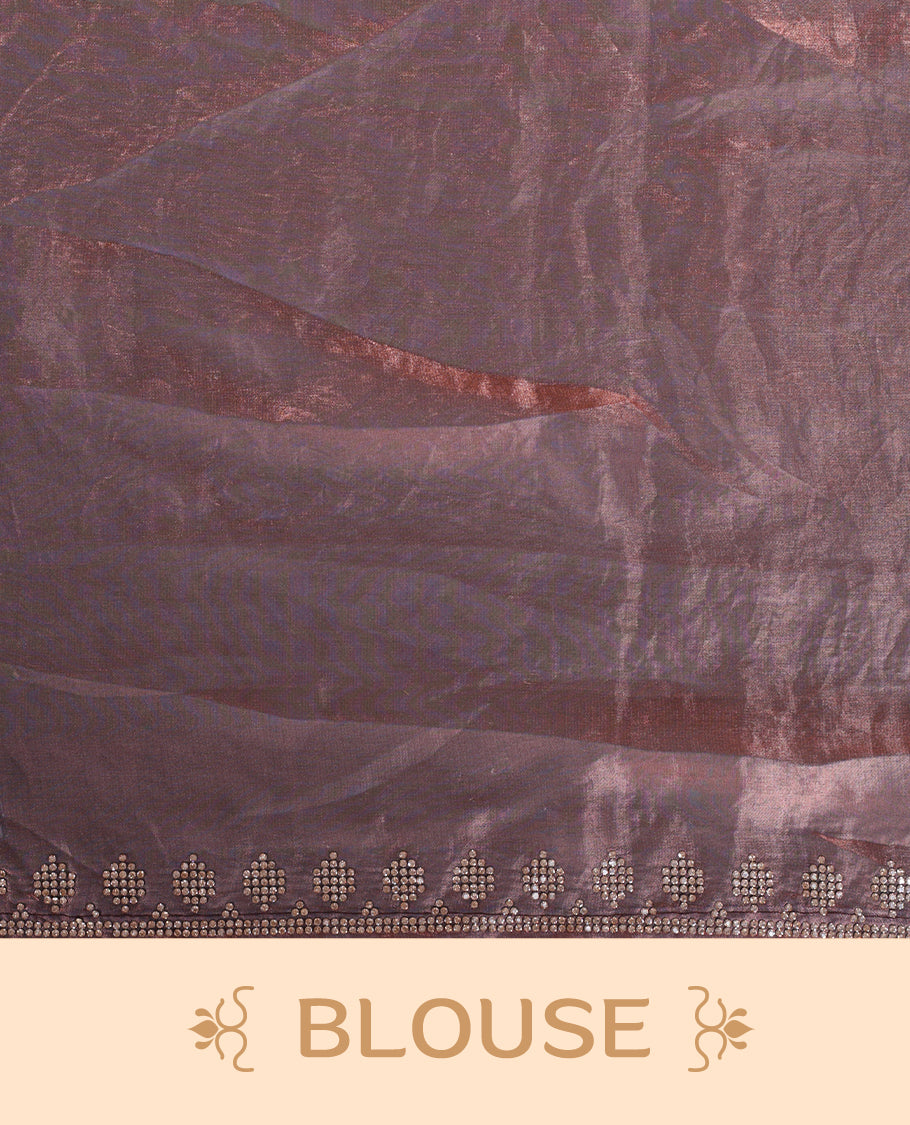 Pink and gray double shade colour chiffon designer saree, featuring white stone all over on body, heavy stone patttern on border and pallu, Paired with matching blouse.