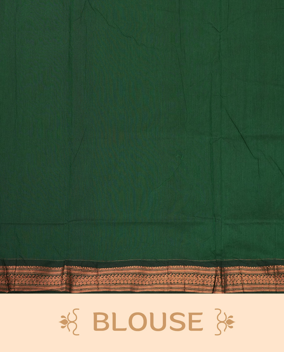 Magenta colour Kalyani cotton saree with intricate small motifs all over, paired with a contrasting green rich peacock & temple zari woven border and pallu & Comes with a matching blouse piece.