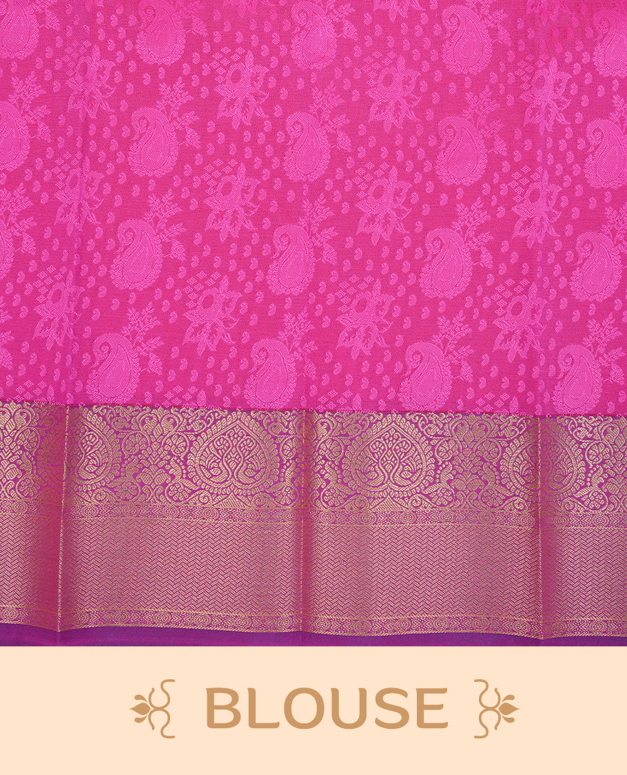 Bright Pink colour Semi silk saree Featuring Self colour zari motifs on body, complemented by contrast purple colour with gold zari border, paired with matching blouse piece.