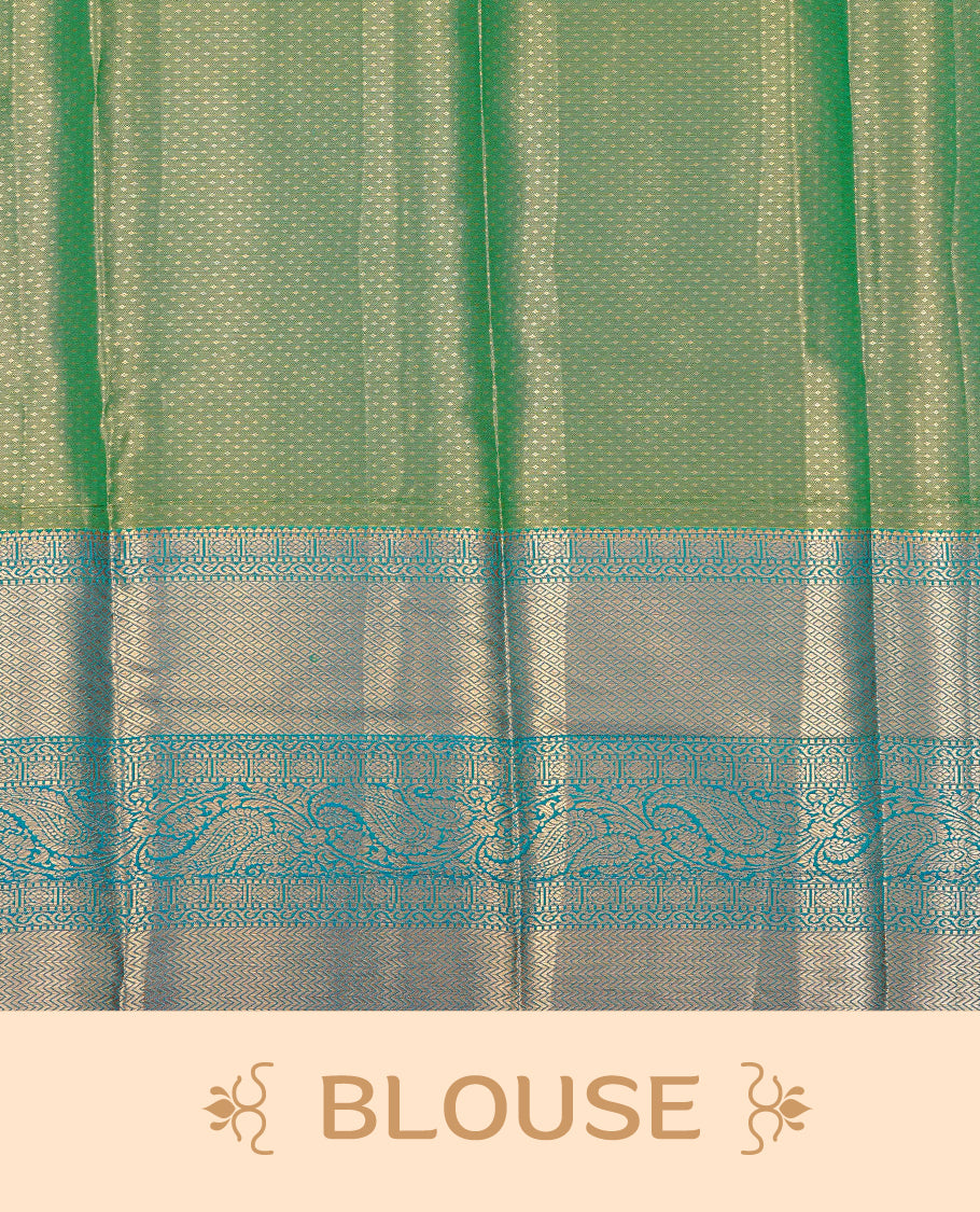 Green & Gold Double shade Semi Tissue Silk saree featuring Light gold pattern on body, complemented by Contrast Blue with gold zari border, paired with matching blouse piece.