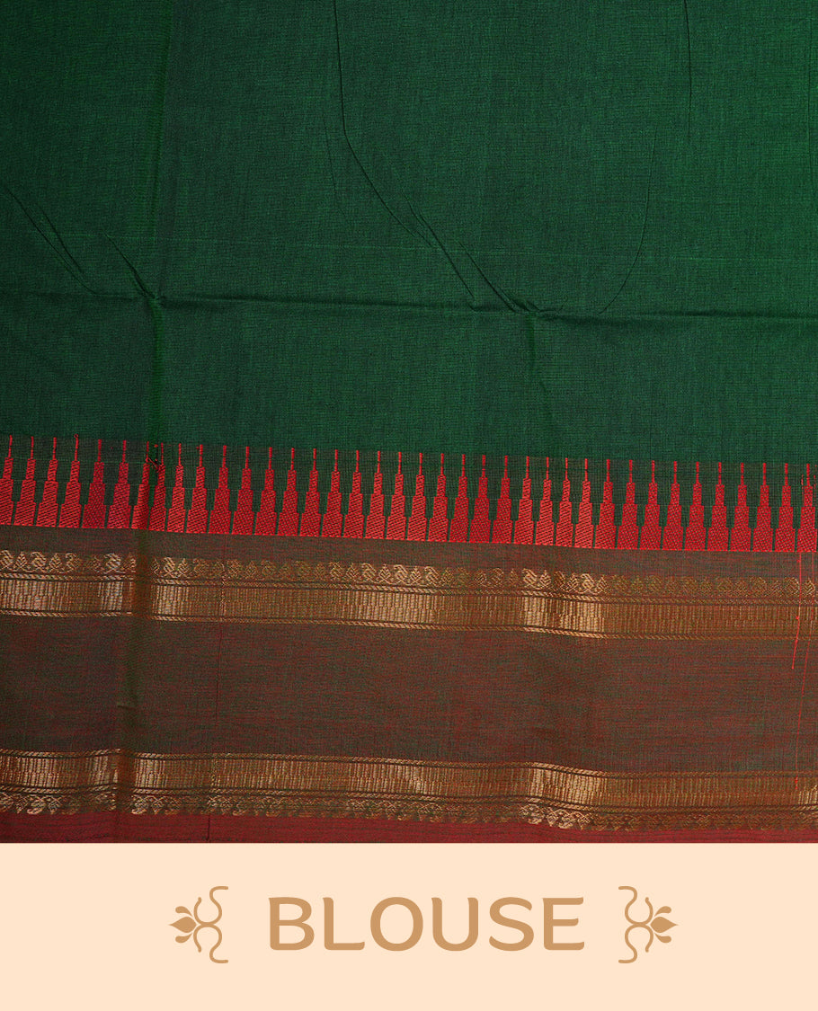 Bottle Green colour chettinad cotton saree featuring A Plain body, complemented by Contrast Red Colour With Gold Zari border, paired with matching blouse piece.