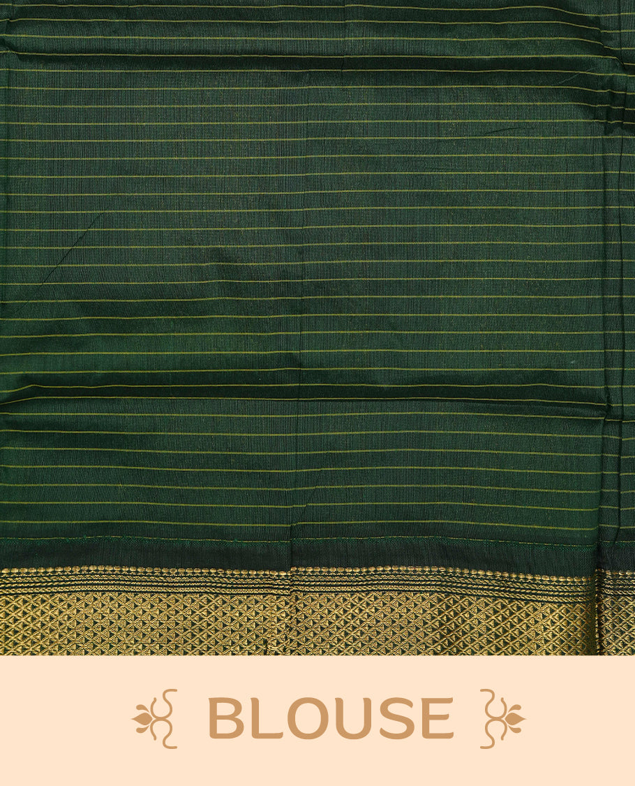 Orange colour kalyani cotton saree featuring Gold zari check pattern on body, complemented by contrast green colour with grand gold zari border & pallu, paired matching blouse piece.