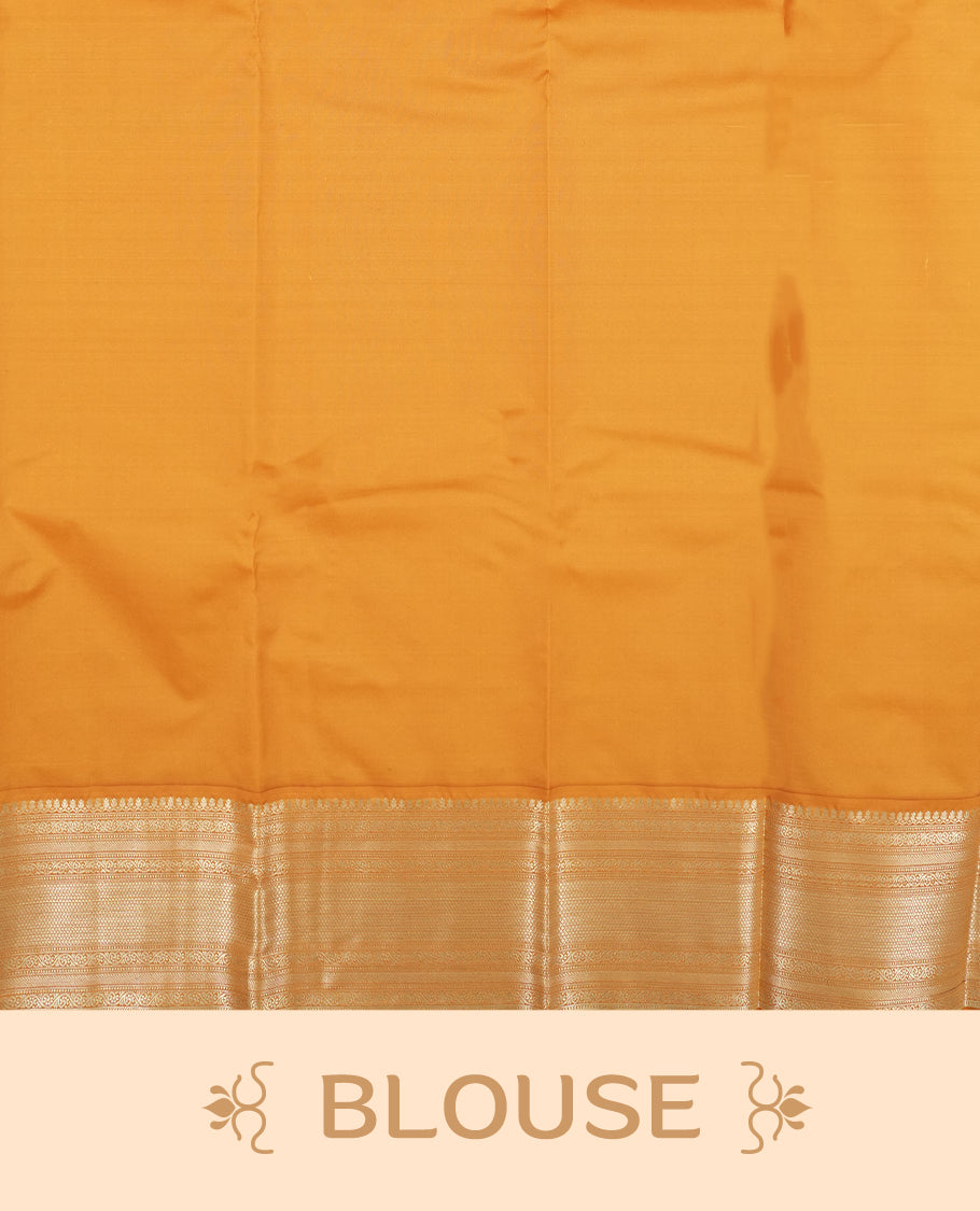 Muted yellow colour semi soft silk saree featuring a gold zari motifs on body, complemented by contrast mustard colour with gold traditional pallu & border and a matching blouse piece.