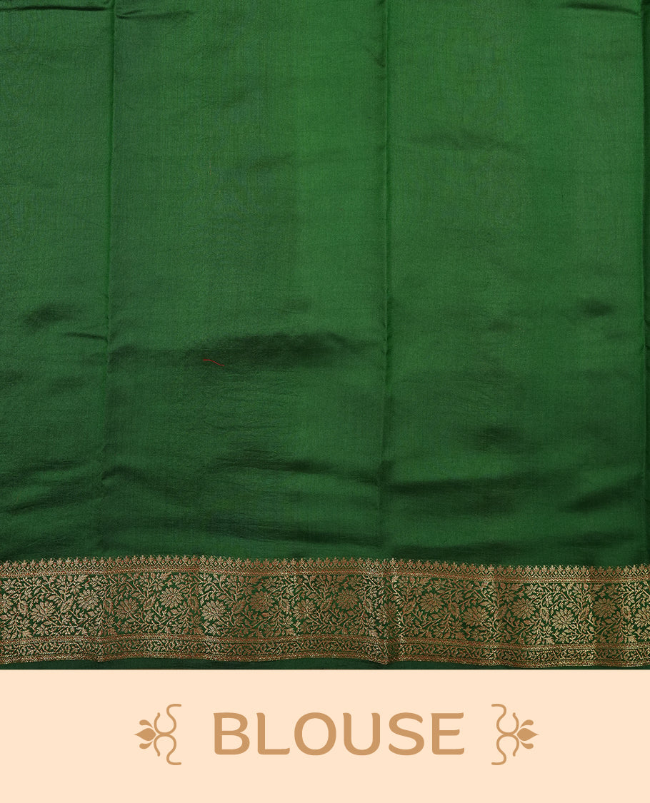 Green Banaras soft silk saree with gold zari motifs on body, with contrast Dark green colour floral pattern on pallu, border, and Matching blouse.