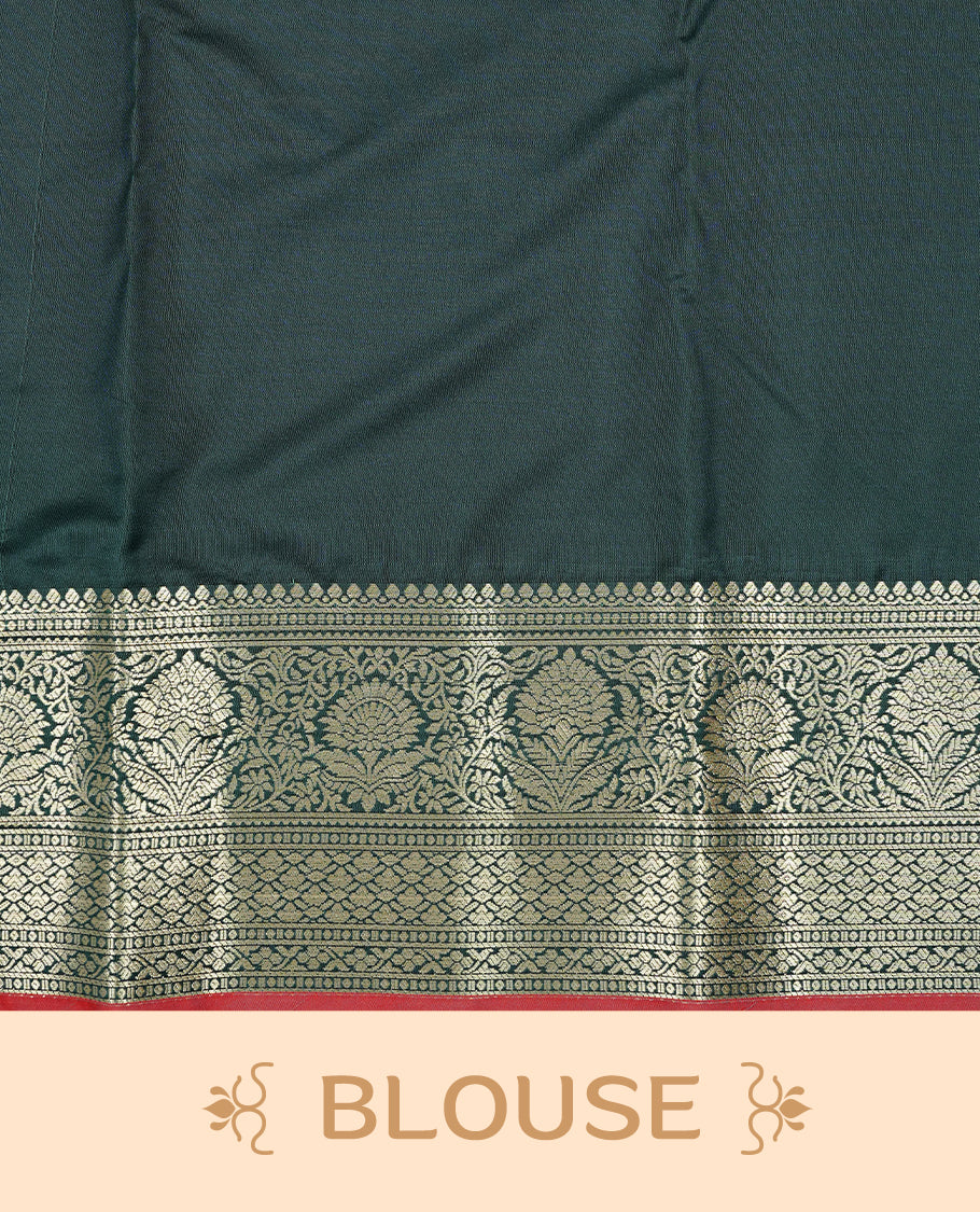 Green colour semi wedding silk saree featuring Gold zari Floral kodi pattern with Silver zari peacock motifs on body, complemented gold zari border, paired with matching blouse piece.