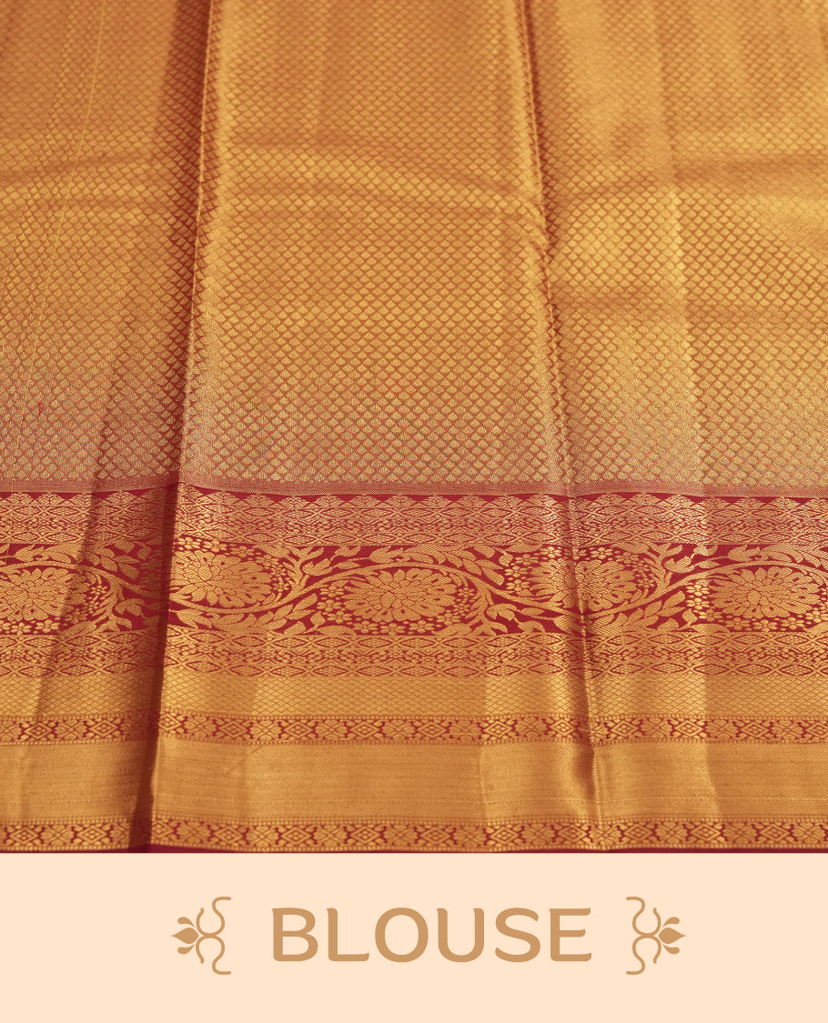 Antique golden Zari Tissue Brocade Saree features intricate green colour flower Motifs on body and a dark red colour border & pallu with traditional patterns, paired with matching blouse