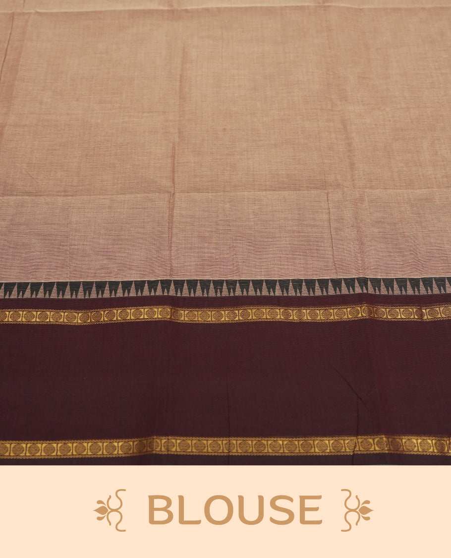 Brown colour checked Chettinad cotton saree featuring intricate black checks on the body, enhanced with golden zari borders and temple motifs & Comes with a matching blouse piece for a traditional look.