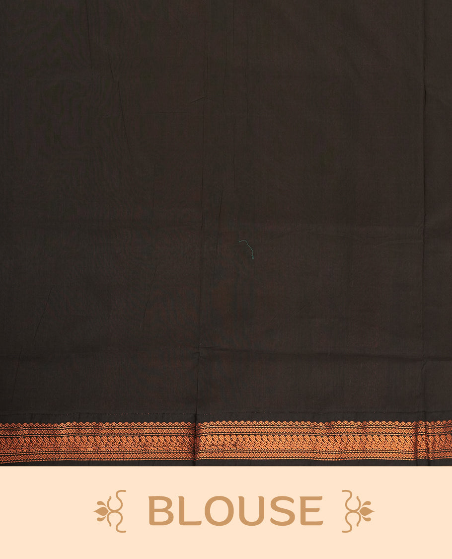 Maroon colour Kalyani cotton saree with subtle zari motifs all over, paired with a contrasting black rich copper zari woven border and pallu & Comes with a matching blouse piece.