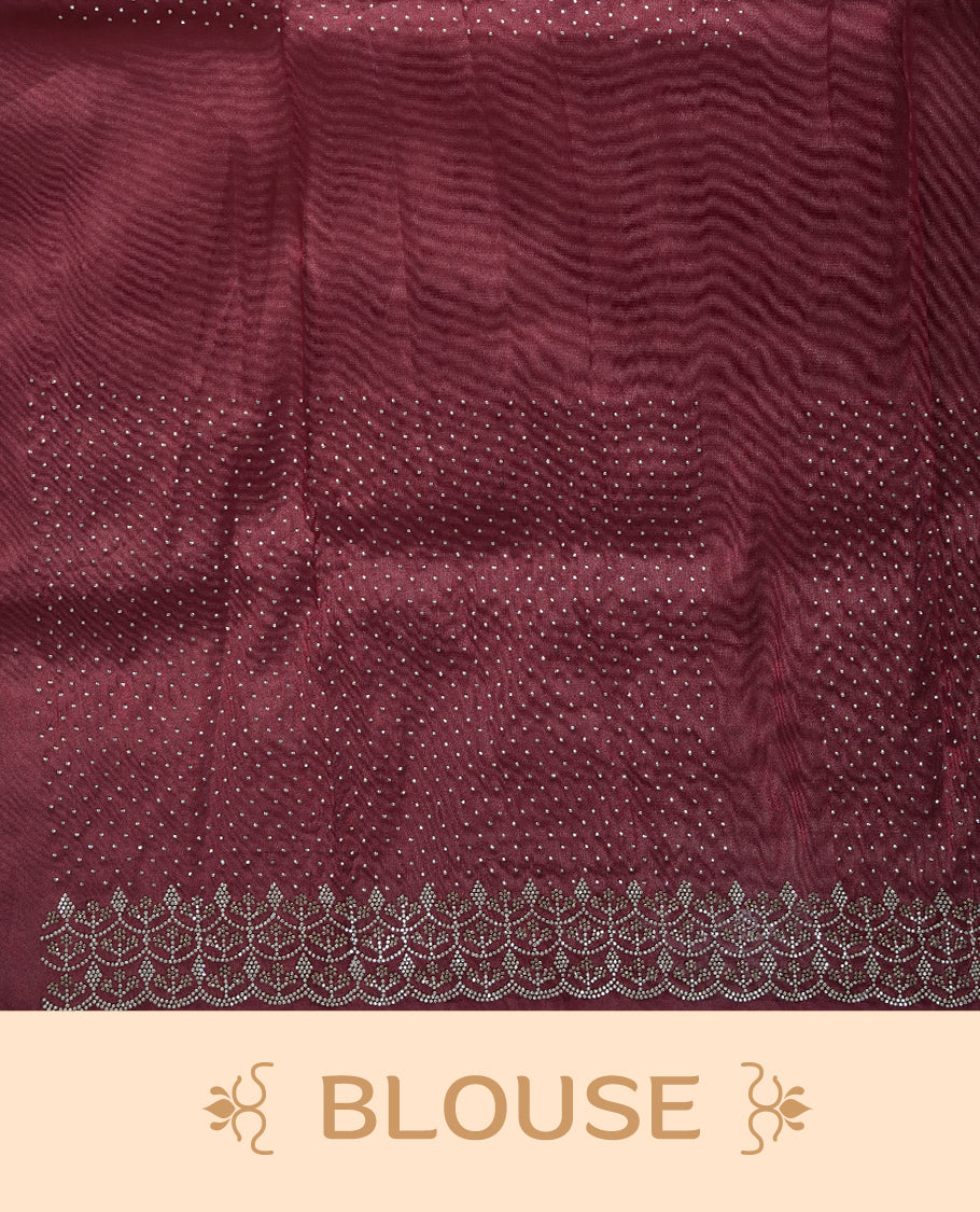 Maroon Colour Shimmer Designer Saree featuring Delicate White Stone Scattered Work on the Body, enhanced with Intricate Stone Detailing on the Border and Pallu, paired with a Matching Blouse.