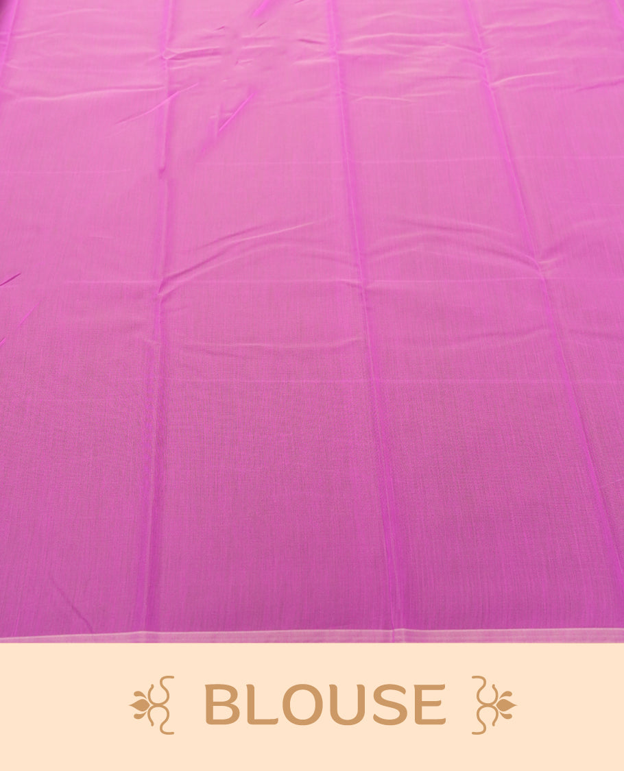 Pink Silk Cotton Saree with Feather Motifs Body, Accented by White Floral Jacquard Pattern on Pink Zari Pallu, Paired with Matching Blouse Piece