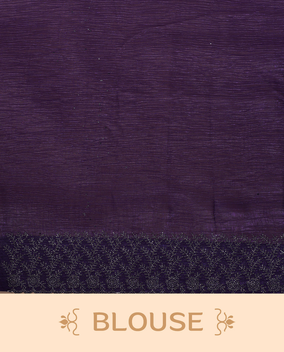 Violet colour chiffon designer saree, featuring white stone all over on body, heavy stone patttern on border and pallu, Paired with matching blouse.