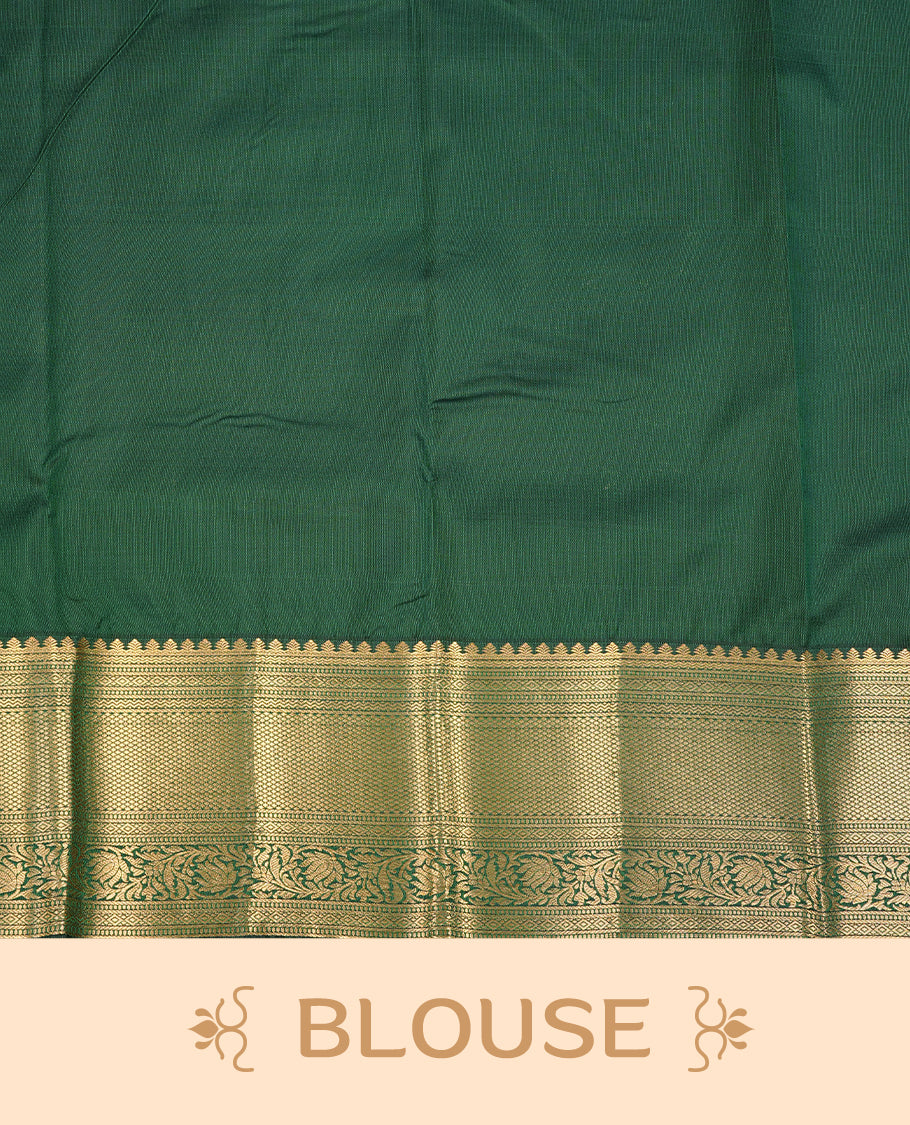 Purple colour semi wedding saree featuring gold zari motif on check pattern on body, complemented by contrast Green with traditional border, paired with matching blouse piece.