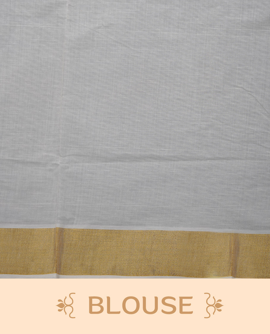 Off-white colour cotton Kerala saree featuring a classic gold kasavu border, highlighted with delicate maroon and mustard floral vine embroidery along the pallu and borders, and paired with a matching blouse.